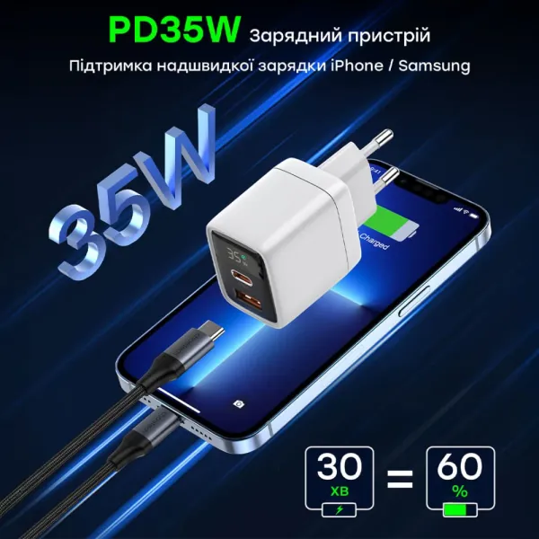 Choetech PD6052 Black PD35W GAN A+C Адаптер
