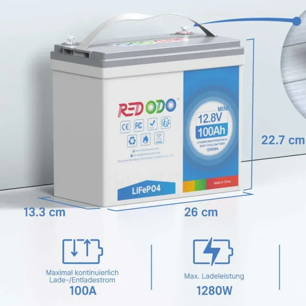 Redodo 12.8V 100Ah Mini 1280Вт•г LiFePO4 Літієва акумуляторна батарея