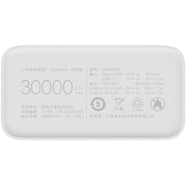 Xiaomi Mi Power Bank 3 30000 mAh 24W Fast Charge PB3018ZM White (VXN4307CN) Повербанк