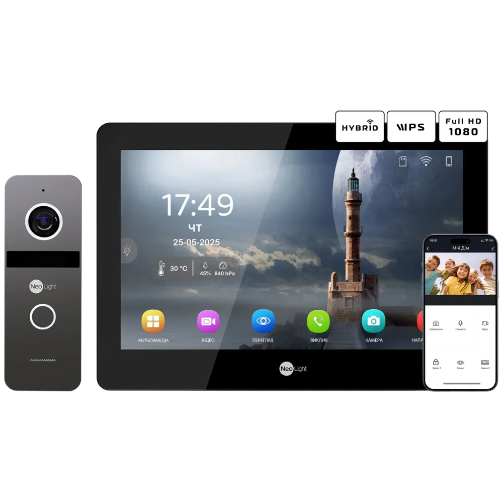 Neolight MEZZO Hybrid Black + SOLO IP Graphite з кутком, PoE адаптер для панелі виклику Комплект відеодомофону
